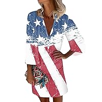 American Outfits for Women Patriotic Dress for Women Sexy Casual Vintage Print with 3/4 Length Sleeve Deep V Neck Independence Day Dresses Sky Blue X-Large