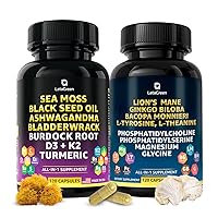 Sea Moss and Lion’s Mane Bundle - Wild Sea Moss Capsules 300 mg and Lions Mane Supplement Capsules 350 mg - Memory, Energy, and Vitality Support - 240 Count Cognitive Supplement