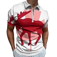 Canada Moose Flag Men's Short Sleeve Polo Shirts Casual Zippered Golf Shirt Slim Fit T-Shirt Tops