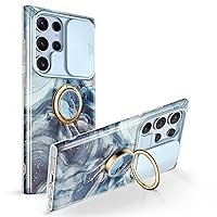 GVIEWIN Marble Bundle - Compatible with Samsung Galaxy S23 Ultra Case with Slide Camera Cover(Polar Cloud/Blue) + Phone Ring Holder(Navy Blue)