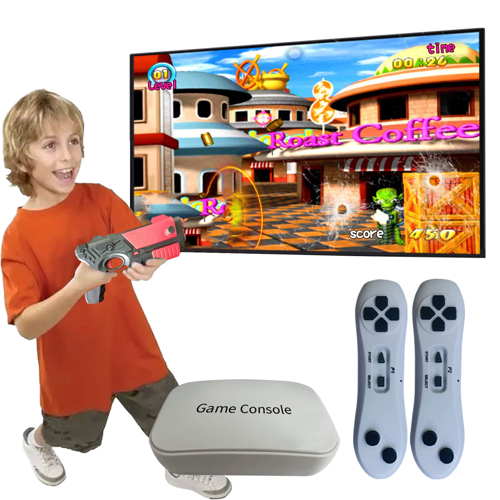 Damcoola Game Console with 900+ Games, TV Retro Video Game Console for Kids & Adults, Game Box with AR Gun Games,2 Handheld Wireless Game Controllers, Plug& Play, Toy Gift for Boys and Girls age 3 +
