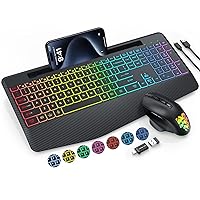 Trueque Wireless Keyboard and Mouse Combo Backlit - 9 Effects, Full-Sized Ergonomic Keyboard with Wrist Rest, Jiggler Mouse, Phone Holder, Rechargeable Silent Light Up Mouse for Computer, Laptop, PC