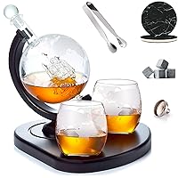 Whiskey Decanter Globe Set with 2 Etched Globe Whisky Glasses | Whiskey Stones, Ice Tong, Coasters, Funnel - Gifts for Men Dad, Husband - Liquor, Bourbon, Scotch, Vodka with a Wood Stand - Dispenser