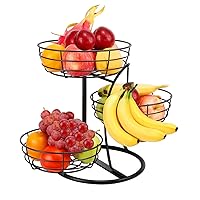 Fruit Basket Bowl with Banana Hanger, Fruit Vegetable Storage Basket with Banana Tree Holder for Kitchen Counter, Detachable Organizer for Bread Snack Produce (Black, 3-Tier Metal Base)
