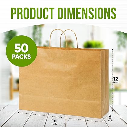 Tobvory Kraft Paper Bags - 50pcs 16x6x12 Inches Brown Paper Bags With Handles Bulk, Large Recycled Paper Bags, Ideal As Shopping Bags, Gift Bags, Retail Bags For Small Business Retail Grocery