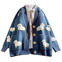PEHMEA Women Long Sleeve Cardigans Plush Sheep Print Kawaii Knitted Sweaters Fashion Button Outerwear Coats with Pockets