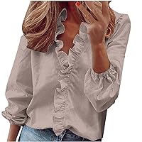 Womens Casual Tops Ruffle V Neck Blouses for Women Dressy Casual 3/4 Sleeve Tops Classy Plain Shirts Office Work Tshirt for Ladies V Neck T Shirts for Women