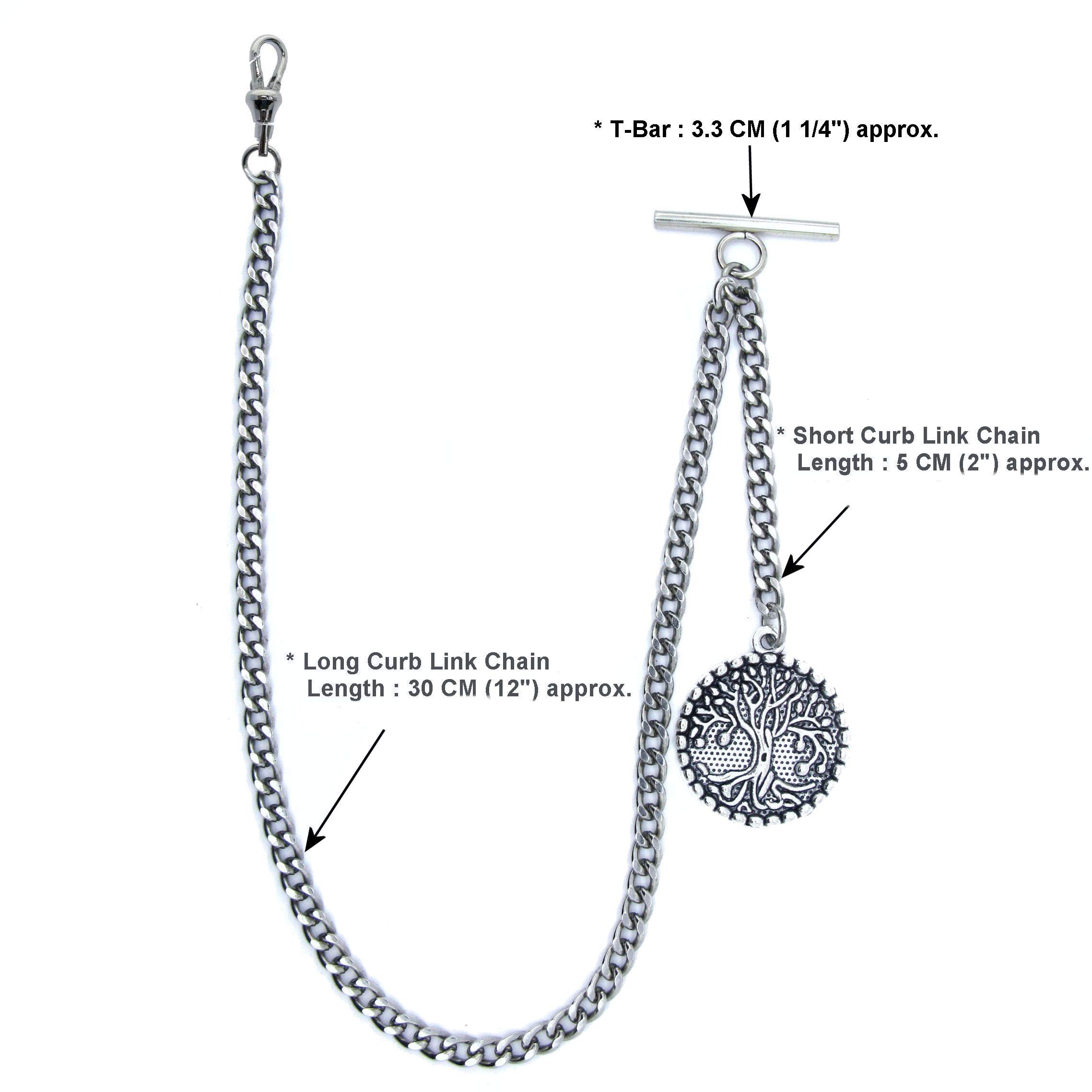 Albert Chain Silver Color Pocket Watch Chains for Men with 29 MM Big Size Life Tree Design Fob Swivel Clasp T Bar AC57
