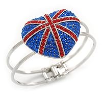 Diamante Union Jack 'Heart' Hinged Bangle In Silver Plating - Up to 19cm Wrist