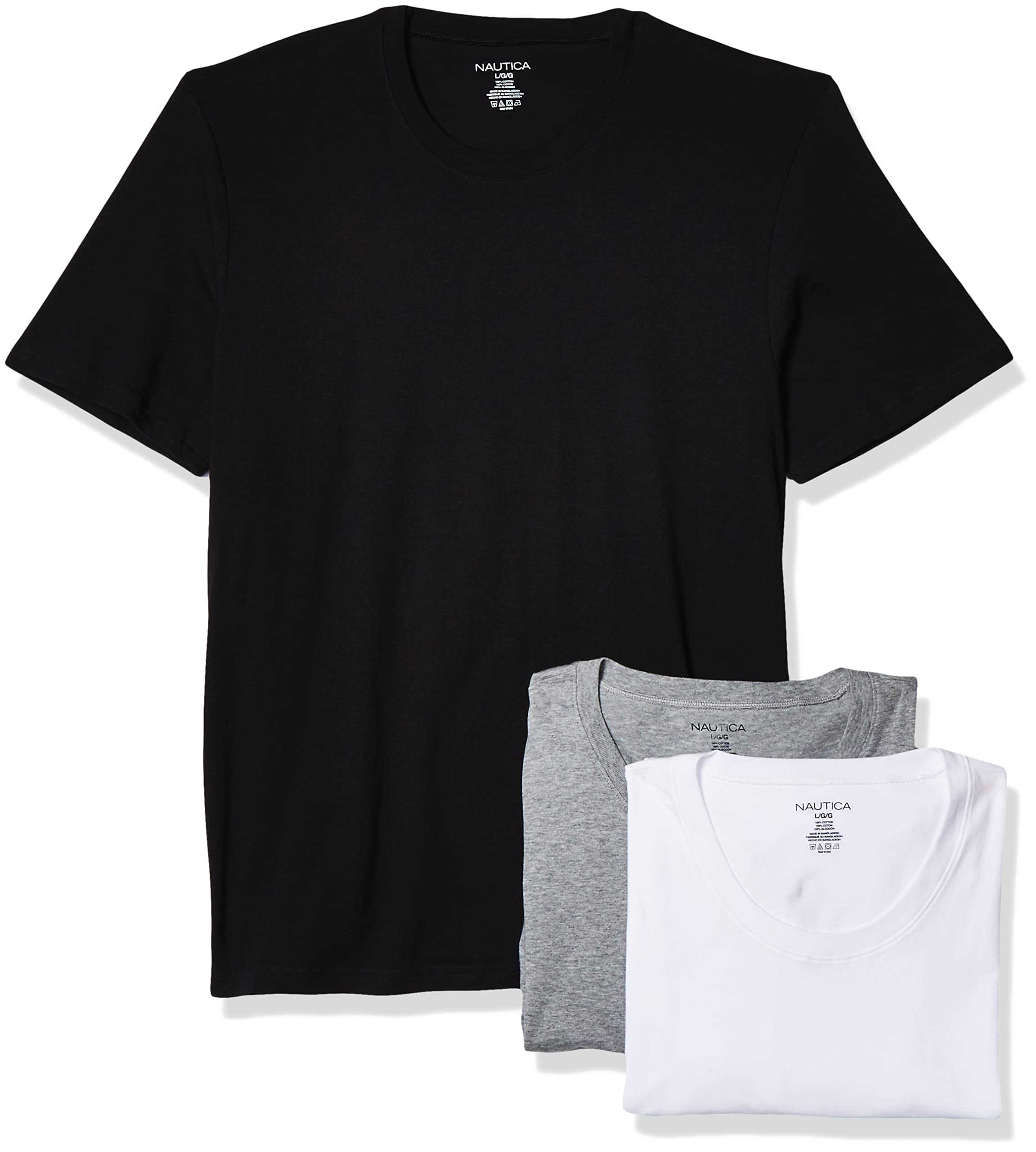Nautica mens 3-pack Cotton Crew Neck T-shirt Polo Shirt, New White/Black/Heather Grey, Small US