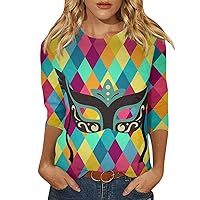 Women's Mardi Gras Outfits Fashion Casual Round Neck 3/4 Sleeve Loose Printed T-Shirt Shirts for Shirts, S-3XL