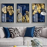 Nordic 3 Pieces Picture Set Luxury Navy Blue Gold Abstract Leaves Vein Texture Canvas Print Decorative Painting for Living Room Home Decor with Inner Frame