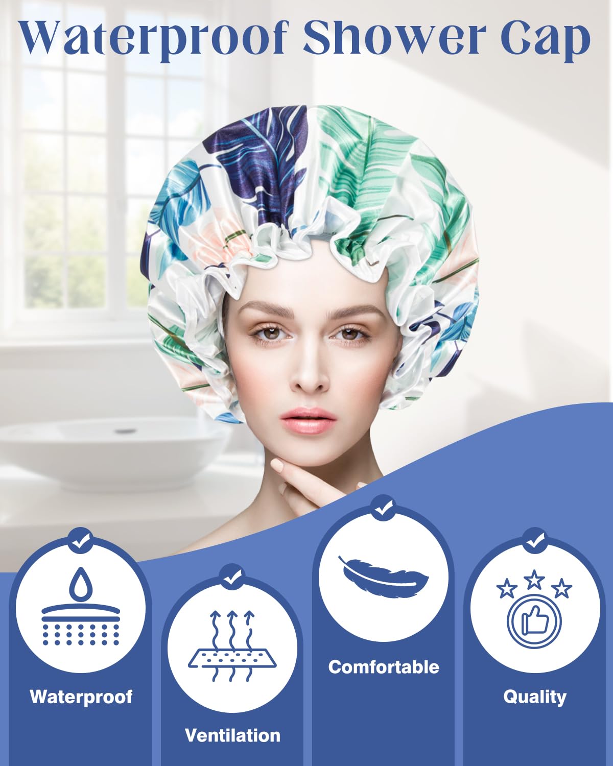Auban Shower Caps, Reusable Shower Cap for Women, Double Layer Waterproof Hair Cap, Large Size for All Hair Lengths,for Girls Spa Home Salon Use