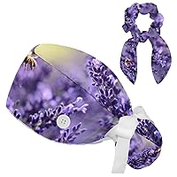 Lavender Flower Purple Mauve Scrub Caps Surgical Women with Button Adjustable Hats Surgical Caps with Scrunchie for Women