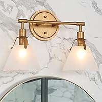 Gold Bathroom Light Fixtures, 2 Light Vanity Lights Over Mirror, Bathroom Vanity Light Fixture with White Frosted Glass Shades in Brushed Antique Gold Finish