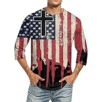 3/4 Sleeve Shirts for Men Crew Neck Letter/Independence Day Printed Tshirts Stretch Comfy Loose Fit Summer Casual Tees