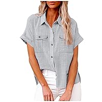 Business Casual Button Down Shirt for Women Cotton Linen Short Sleeve Lapel V Neck Chest Pockets Blouse Side Split Ladies Top