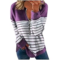 Long Sleeve Tops,Long Sleeve Zipper Shirts for Women Stripe Stitching Print Graphic Tees Blouses Casual Tops Pullover