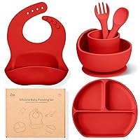 Silicone Baby Feeding Set - 6 Pack Baby Led Weaning Supplies for Infant & Toddlers 6+ Months, Baby Eating Supplies with Suction Bowl & Plate, Bib, Training cup, Spoon, Fork - Red