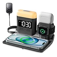 Digital Alarm Clock with Light and Wireless Charging Station, 6 in 1 Alarm Clock with Inductive Charging Station for iPhone 15/14/13/12, Wireless Charger for iWatch 9/8/7/6/5/4/3/2/SE, AirPods 3/2/Pro