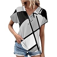 Womens Tops Casual Summer Vintage Tops for Women Summer Print Casual Fashion Button Patchwork with Short Sleeve V Neck Ruched Blouses Light Gray Large