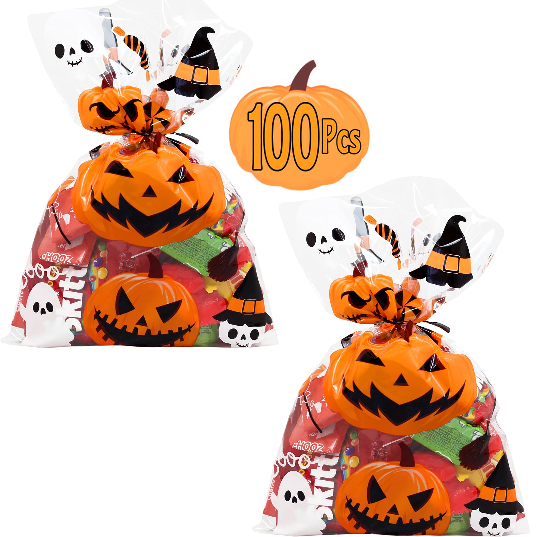 AnapoliZ Halloween Treat Bags | 100 pcs (6” x 9” Inch) |2.5 Mil Crystal Clear Cellophane Bags with Fun Scary Designs | Pumpkins, Witches Cello Bags | Halloween Party Decorations, Spooky Treat Bags