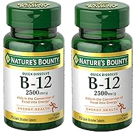 Nature's Bounty Vitamin B12 2500 mcg, Cellular Energy Support, for Energy Metabolism, Heart & Nervous System Health, 75 Quick Dissolve Tablets (Pack of 2)