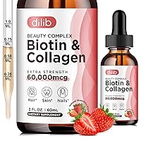 Liquid Biotin & Collagen & Keratin Hair Growth Drops 60,000mcg (2oz) Marine Collagen Peptides - Supports Hair Growth, Radiant Skin, Strong Nails - Natural Strawberry Flavor