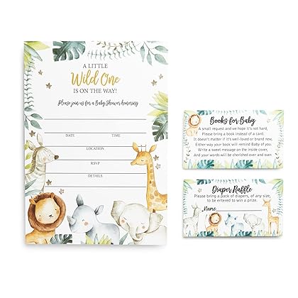 25 Safari Jungle Baby Shower Invitations (LARGE SIZE 5X7 INCHES), Diaper Raffle Tickets, Baby Shower Book Request Cards with Envelopes Greenery Jungle Animal Invites for Boy Baby Showers