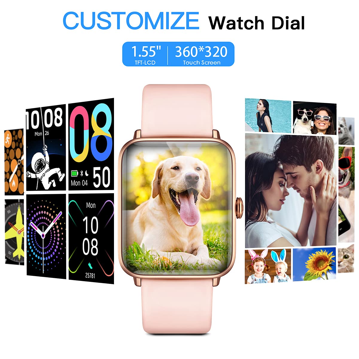 Dirrelo Smart Watch for Android Phones iPhone Compatible, Smart Watches for Women Men, 5ATM Waterproof Android Smart Watch Fitness Tracker with Heart Rate Monitor/Sleep/Blood Oxygen/Step Monitor, Pink