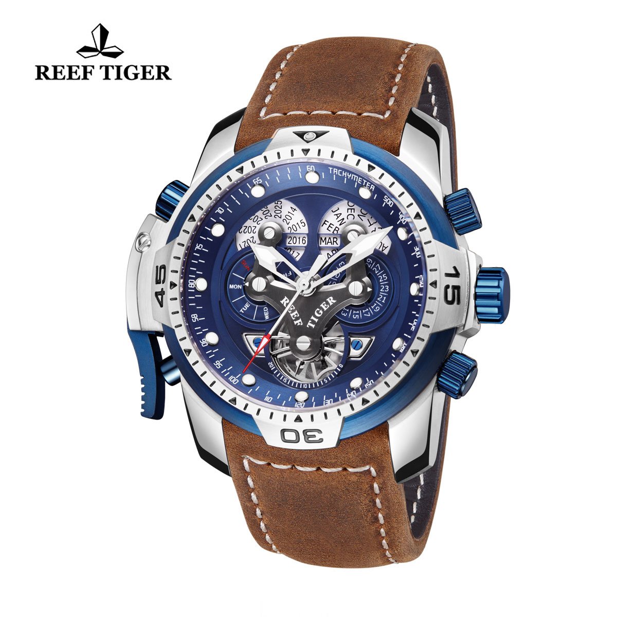REEF TIGER Military Watches for Men Stainless Steel Blue Dial Watch Sport Automatic Watches RGA3503