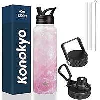 Insulated Water Bottle with Straw,40oz 3 Lids Metal Bottles Stainless Steel Water Flask,Marble Blossom