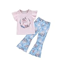 WDIRARA Toddler Girl's 2 Piece Graphic Short Sleeve Tee and Cow Print Flare Pants Set
