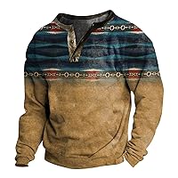 Western Aztec Mens Graphic T-Shirts Button Up V Neck Tee Long Sleeve Tee Shirts for Men Slim Fit Henley Sexy Tops