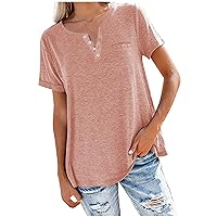 2023 Women Button V-Neck T-Shirts with Pocket Summer Fashion Short Sleeve Blouses Solid Casual Loose Fit Tunic Tops