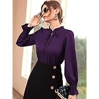 Women's Tops Sexy Tops for Women Shirts Shirred Flounce Sleeve Frilled Tie Neck Blouse Shirts for Women (Color : Purple, Size : Small)