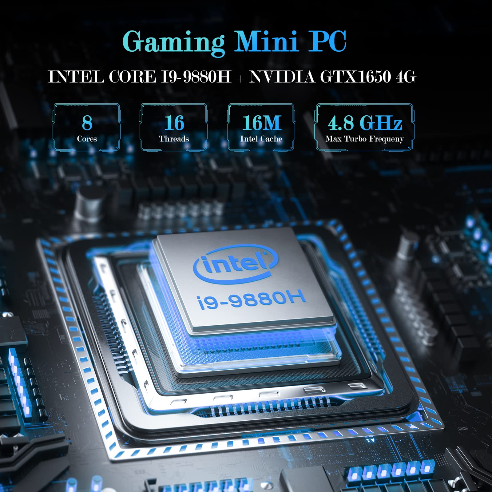 Mini Gaming PC, Intel I9-9880H(up to 4.8GHz) 8C/16T GTX1650 NVIDIA Mini PC 32GB DDR4 1TB NVMe SSD RGB Lights Mini Desktop Computer Windows 11 Pro, 2X HDMI Type-C WiFi 6E BT 5.3, 6X USB Ports