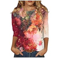 3/4 Length Sleeve Womens Tops,Womens Retro Print Round Neck 3/4 Length Sleeve Tops Slim Fit Spring Outfit Clothes