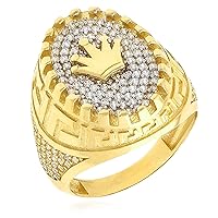 14K Yellow Gold Simulated Diamond Royal Crown Greek Key Signet Ring