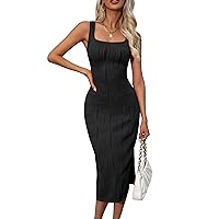 HOTOUCH Women's Summer Bodycon Dress Square Neck Sleeveless Midi Tank Sundress Sexy Ribbed Side Slit Party Dresses