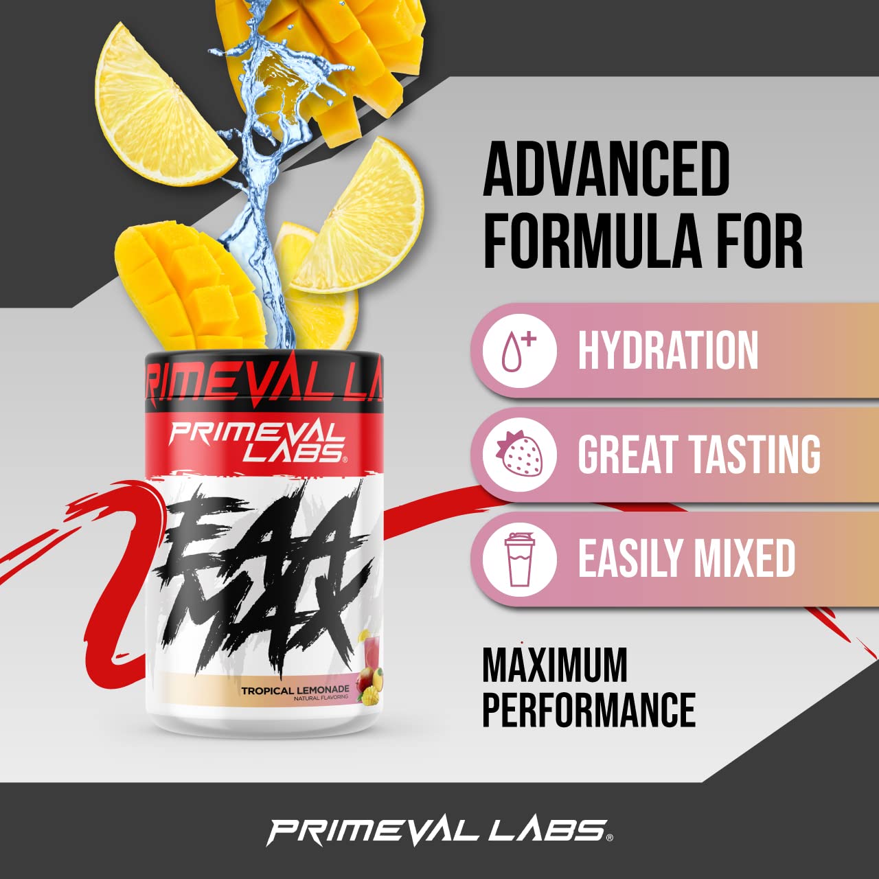 Primeval Labs EAA Max, BCAA Perfect Amino Acid Powder - Pre or Post Workout Muscle Recovery - BCAAs, EAAs, Electrolytes, Supports Hydration & Performance, Keto Friendly, Tropical Lemonade 30 Servings