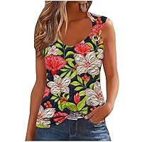 Women's Summer 2024 Crewneck O Ring Shoulder Tank Tops Vintage Floral Print T-Shirt Casual Sleeveless Loose Blouse