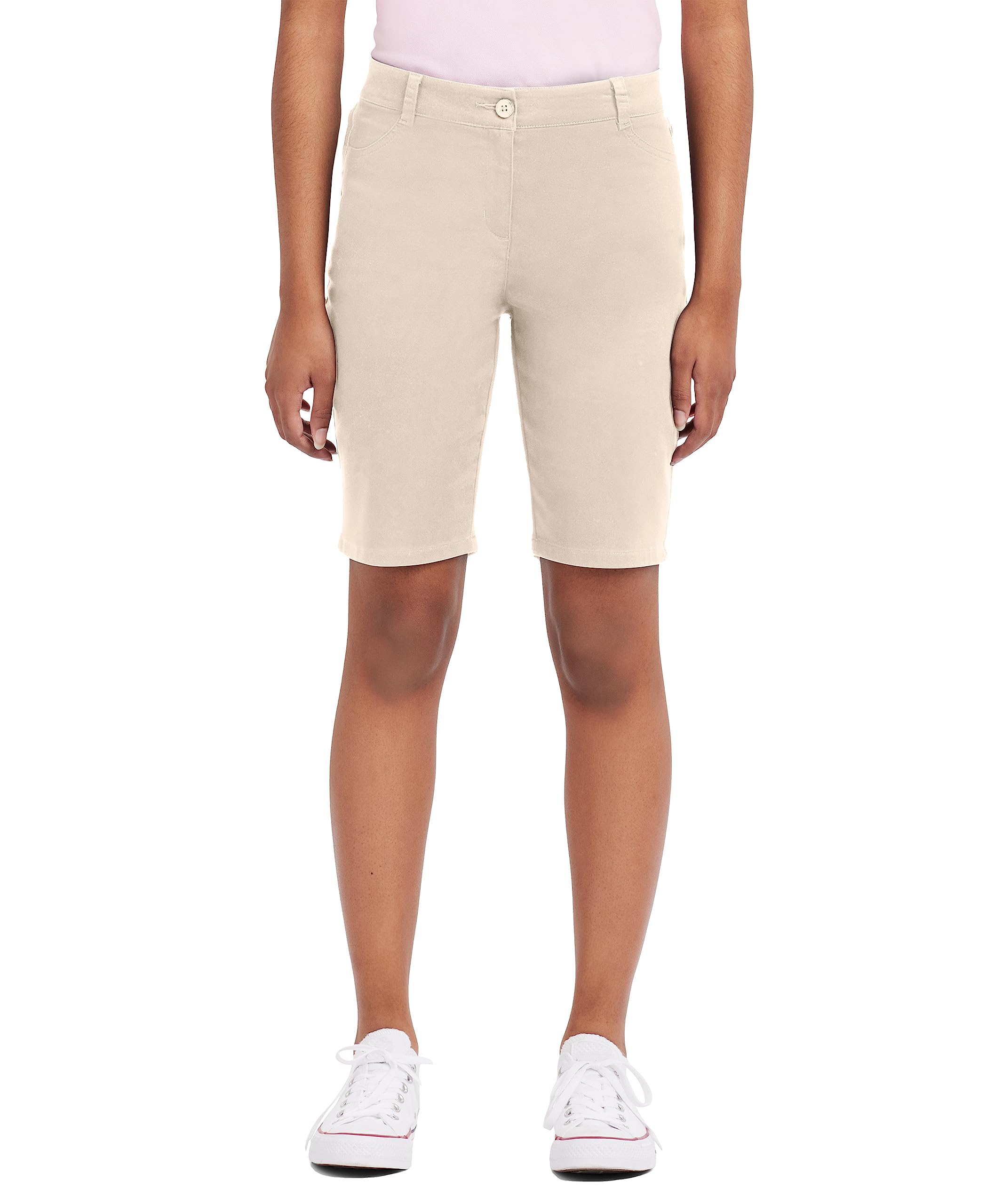 IZOD Juniors Uniform Bermuda Shorts, Skinny Style with Hook & Eye Closure, Stretch Twill Fabric