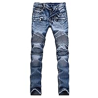 Andongnywell Men's Straight Moto Biker Jeans Slim Fit Vintage Distressed Jeans Men Comfy Stretch Skinny Denim Jeans Pants