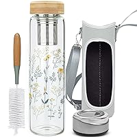 32oz Borosilicate Glass Water Bottle with Tea Infuser, Tea Tumbler with Strainer, Reusable Travel Mug with Sleeve & 2 Lids, for Hot or Cold Drinks, Loose Tea, Fruit