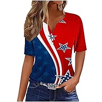 Ladies American Flag Tops Summer Short Sleeve Button Henley Shirts Casual Loose Fit V Neck Vintage Blouse for Women