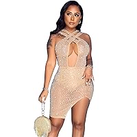 Womens Sexy Halter Sleeveless Rhinestones Mesh See Through Package Hip Dress Nightclub Dress