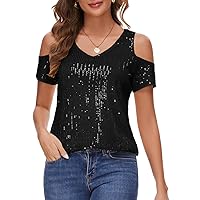 Womens Sparkly Sequin Top V Neck Cold Shoulder Glitter Short Sleeve Dressy Party Blouse Shirts