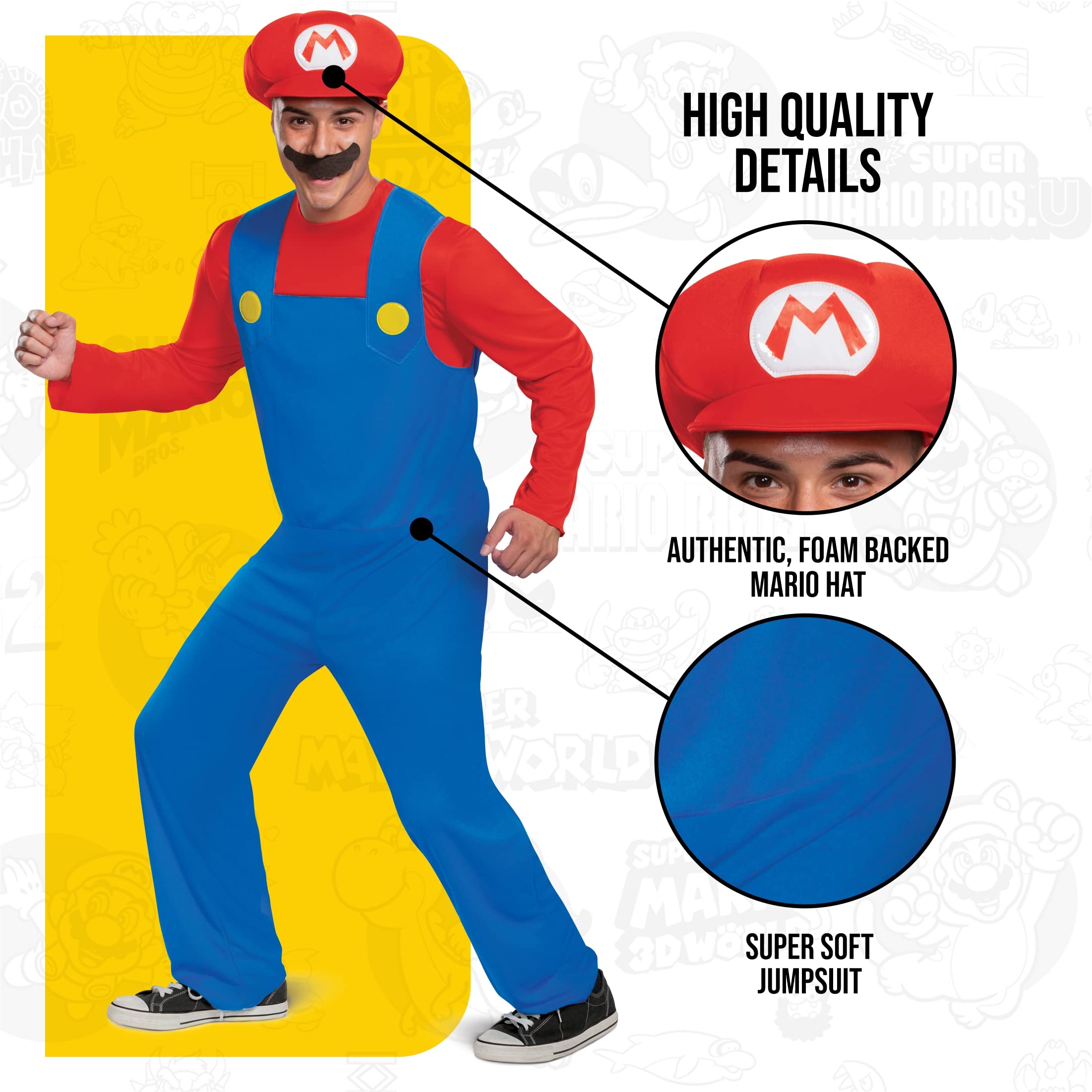 Disguise mens Mario Costume, Official Nintendo Super Mario Bros Adult Costume With Hat and Mustache