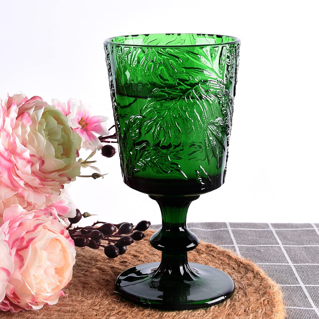 Jomop Handmade Pressed Colored Stemmed Wine Glasses Set Green Set of 4 Retro (4, Wine Goblet)